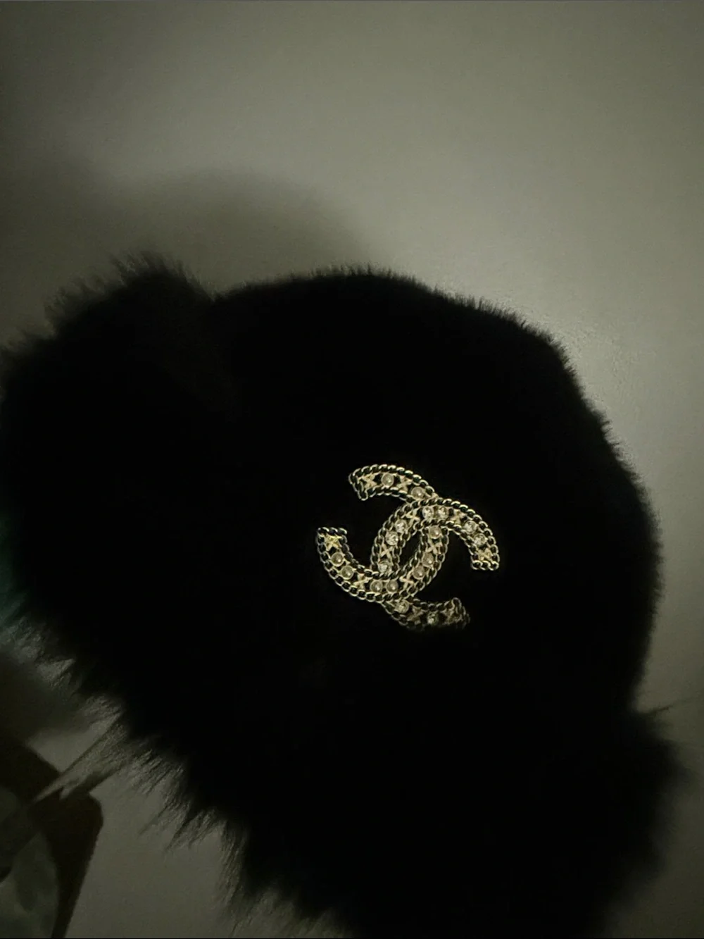 Black Fur Hat with Gold Chain CC Emblem